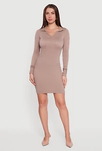 Womens Long Sleeve Mini Polo Sweater Dress, S