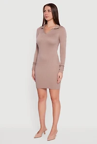 Womens Long Sleeve Mini Polo Sweater Dress, S