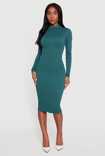 Womens Long Sleeve Mock Neck Midi Sweater Dress, Green, Size S