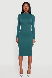 Womens Long Sleeve Mock Neck Midi Sweater Dress, Green, Size S