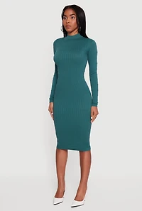 Womens Long Sleeve Mock Neck Midi Sweater Dress, Green, Size S