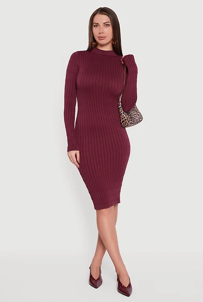 Womens Long Sleeve Mock Neck Midi Sweater Dress, Burgundy, Size L
