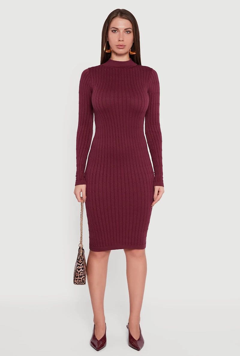 Womens Long Sleeve Mock Neck Midi Sweater Dress, Burgundy, Size L