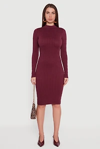 Womens Long Sleeve Mock Neck Midi Sweater Dress, Burgundy, Size L