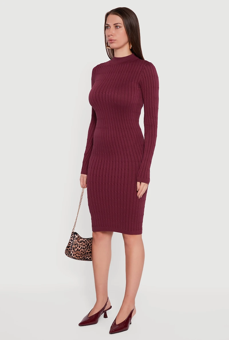 Womens Long Sleeve Mock Neck Midi Sweater Dress, Burgundy, Size L