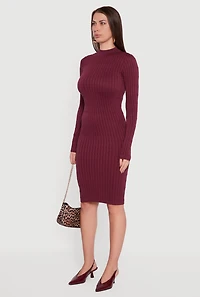 Womens Long Sleeve Mock Neck Midi Sweater Dress, Burgundy, Size L