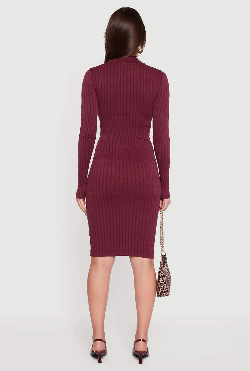 Womens Long Sleeve Mock Neck Midi Sweater Dress, Burgundy, Size L