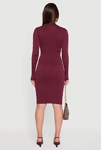 Womens Long Sleeve Mock Neck Midi Sweater Dress, Burgundy, Size L