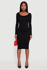 Womens Long Sleeve Scoop Neck Midi Sweater Dress, Black, Size L