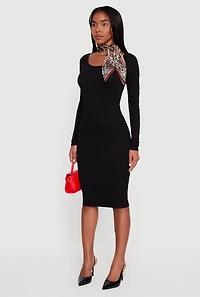 Womens Long Sleeve Scoop Neck Midi Sweater Dress, Black, Size L