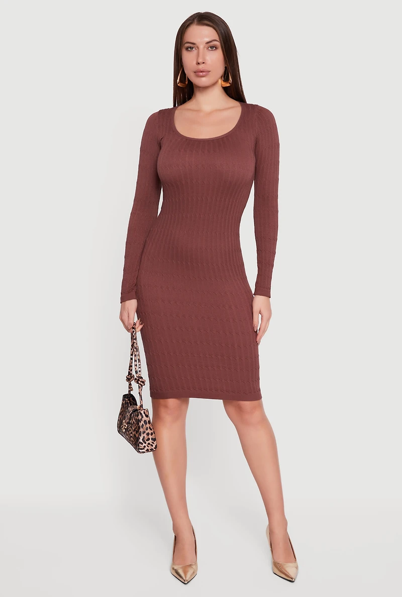 Womens Long Sleeve Scoop Neck Midi Sweater Dress, Brown, Size M