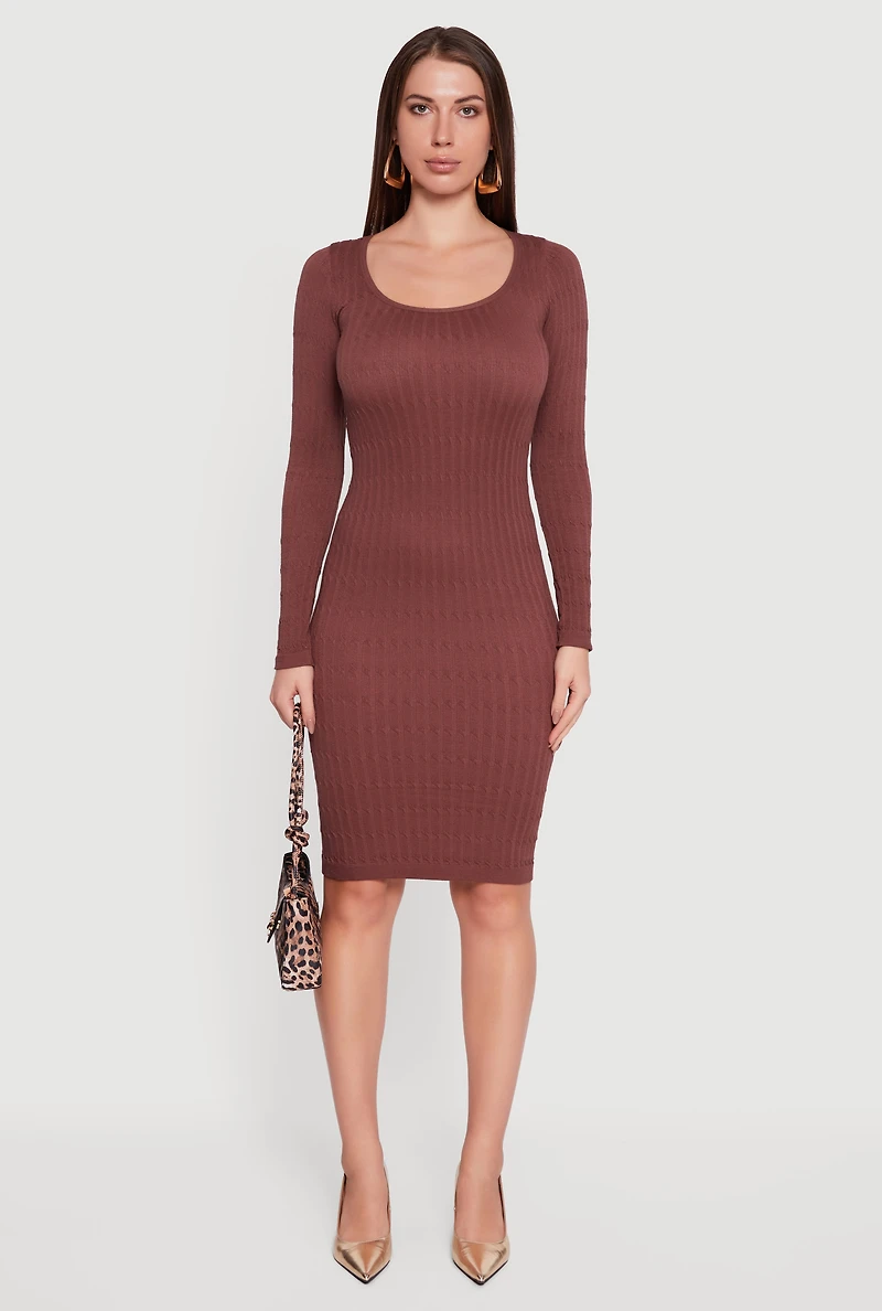 Womens Long Sleeve Scoop Neck Midi Sweater Dress, Brown, Size M