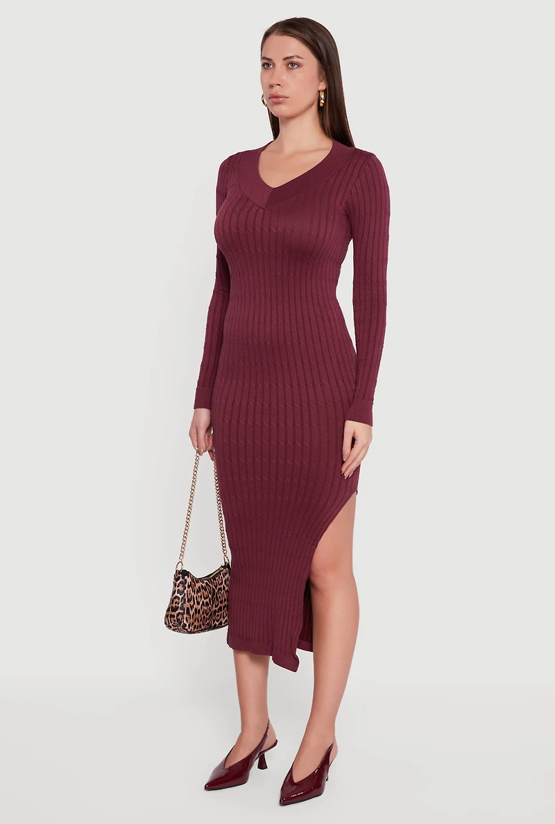 Long Sleeve V Neck Side Slit Sweater Dress