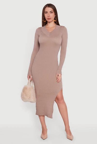 Womens Long Sleeve V Neck Side Slit Sweater Dress, Brown, Size S