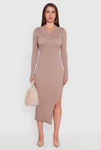 Womens Long Sleeve V Neck Side Slit Sweater Dress, Brown,
