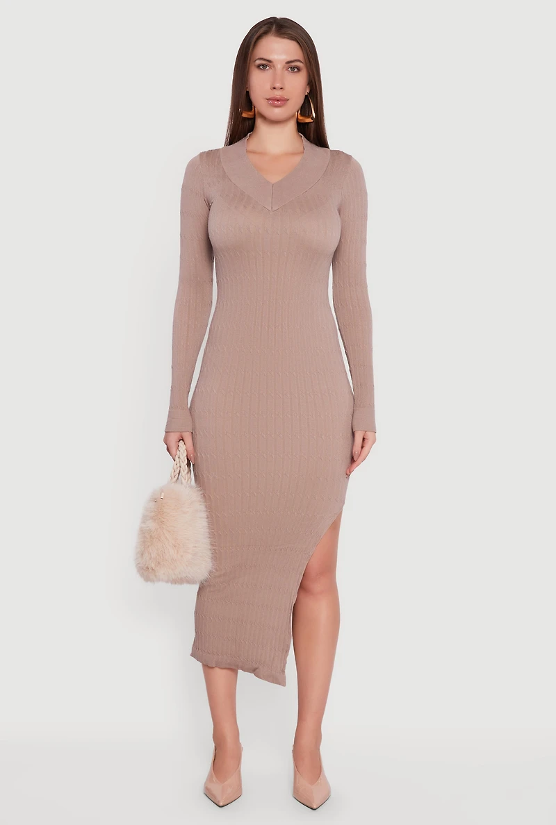 Long Sleeve V Neck Side Slit Sweater Dress