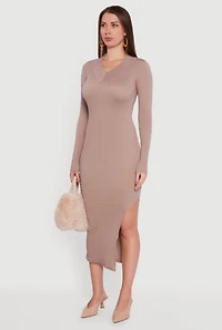 Long Sleeve V Neck Side Slit Sweater Dress