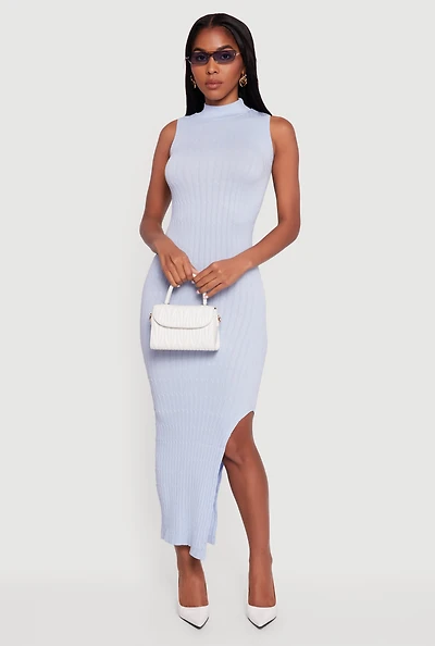 Womens Side Slit Sleeveless Mock Neck Sweater Dress,