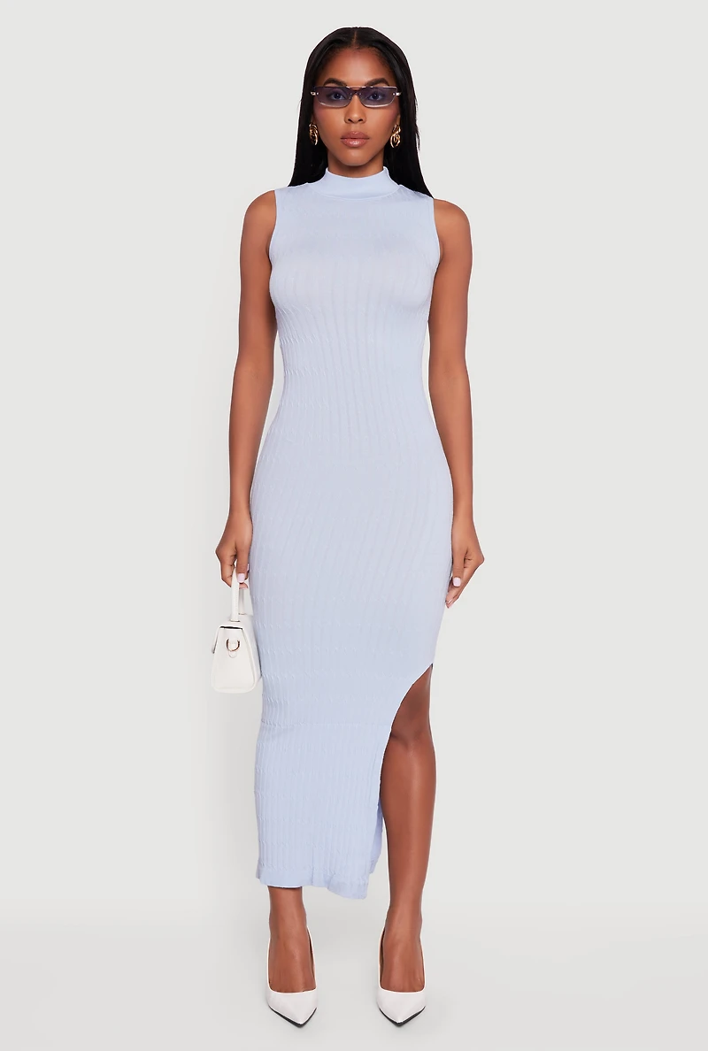 Womens Side Slit Sleeveless Mock Neck Sweater Dress, M