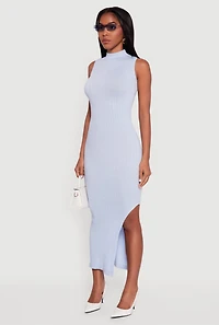 Womens Side Slit Sleeveless Mock Neck Sweater Dress, L