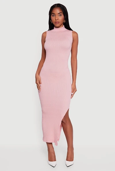 Side Slit Sleeveless Mock Neck Sweater Dress