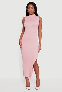 Side Slit Sleeveless Mock Neck Sweater Dress