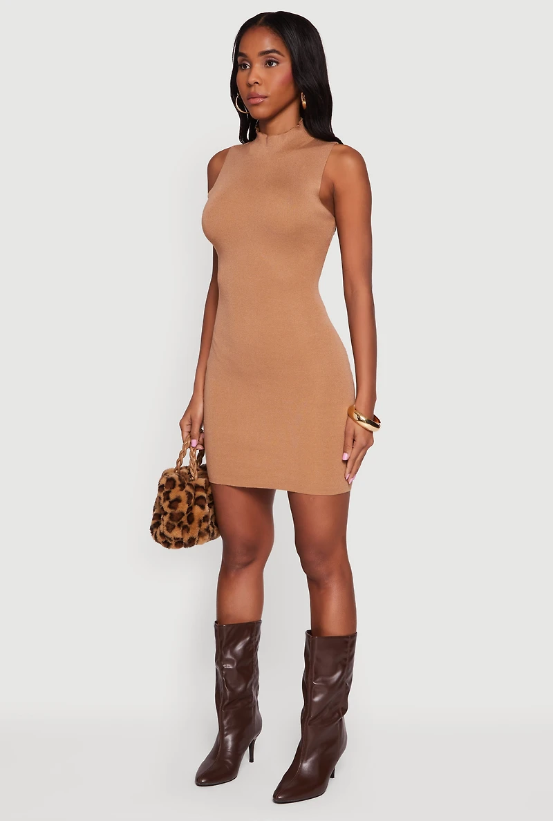 Womens Mock Neck Sleeveless Sweater Dress, S