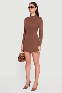 Womens Long Sleeve Mock Neck Mini Sweater Dress, Brown, Size L