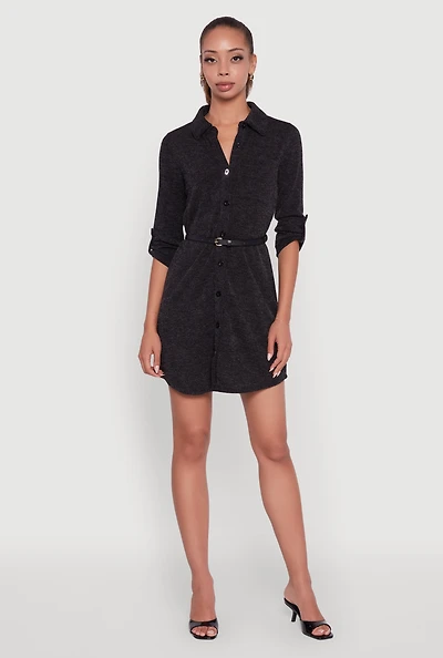 Womens Marled Brushed Rib Knit Shirt Dress with Belt, Black,