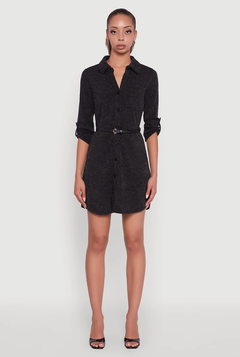 Womens Marled Brushed Rib Knit Shirt Dress with Belt, Black,
