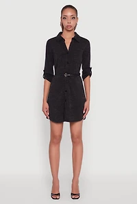 Womens Marled Brushed Rib Knit Shirt Dress with Belt, Black,