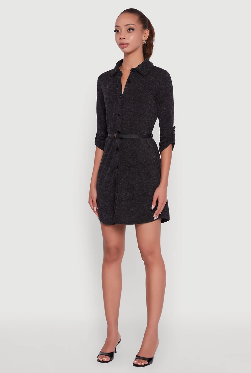 Womens Marled Brushed Rib Knit Shirt Dress with Belt, Black,