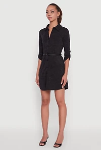 Womens Marled Brushed Rib Knit Shirt Dress with Belt, Black,