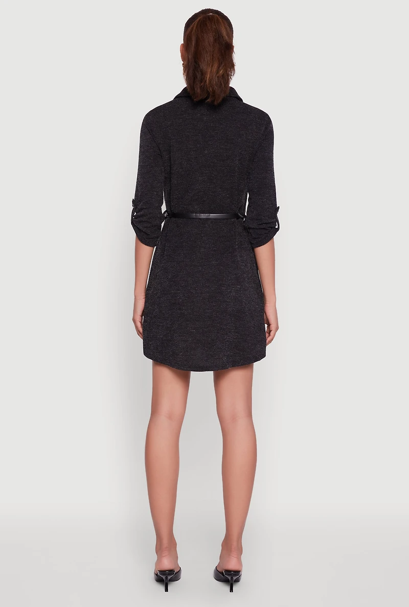 Womens Marled Brushed Rib Knit Shirt Dress with Belt, Black,