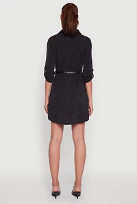 Womens Marled Brushed Rib Knit Shirt Dress with Belt, Black,
