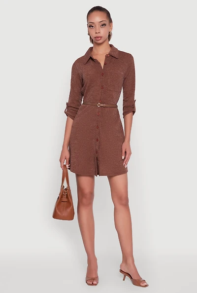 Womens Marled Brushed Rib Knit Shirt Dress with Belt, Brown, Size M