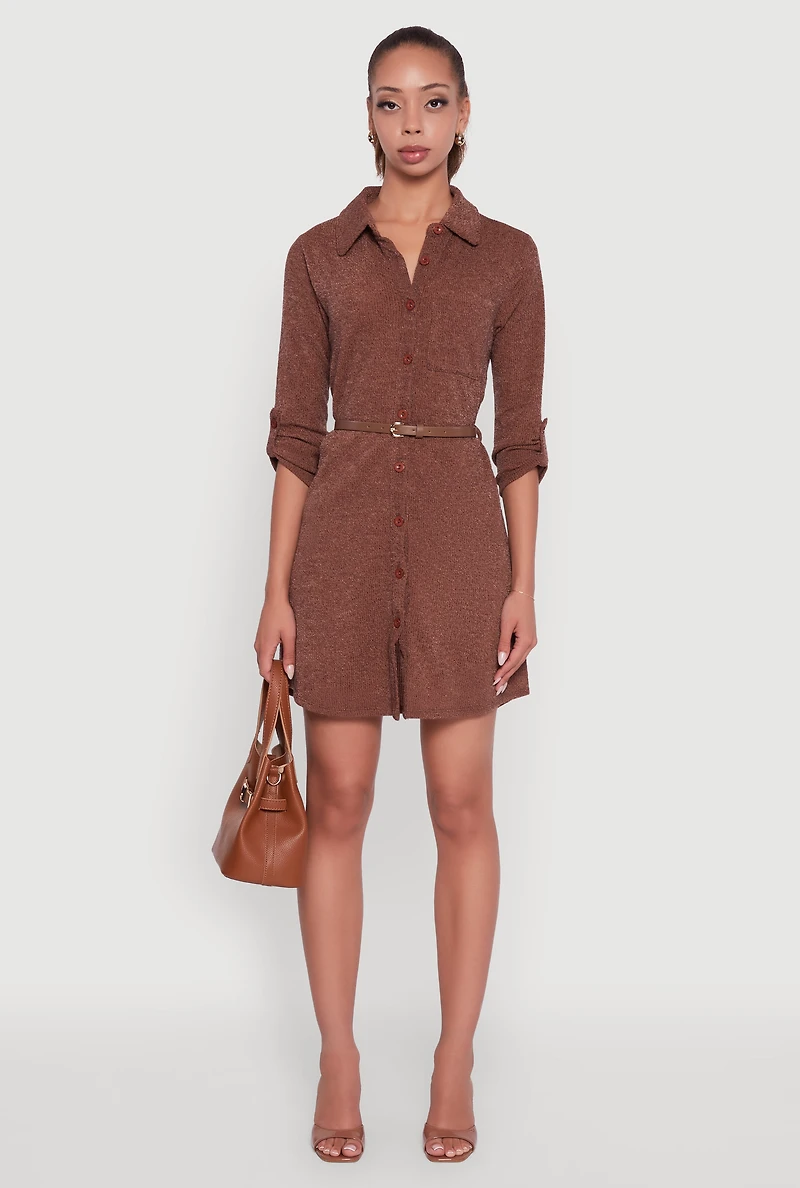 Womens Marled Brushed Rib Knit Shirt Dress with Belt, Brown, Size M