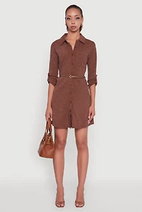 Womens Marled Brushed Rib Knit Shirt Dress with Belt, Brown, Size M