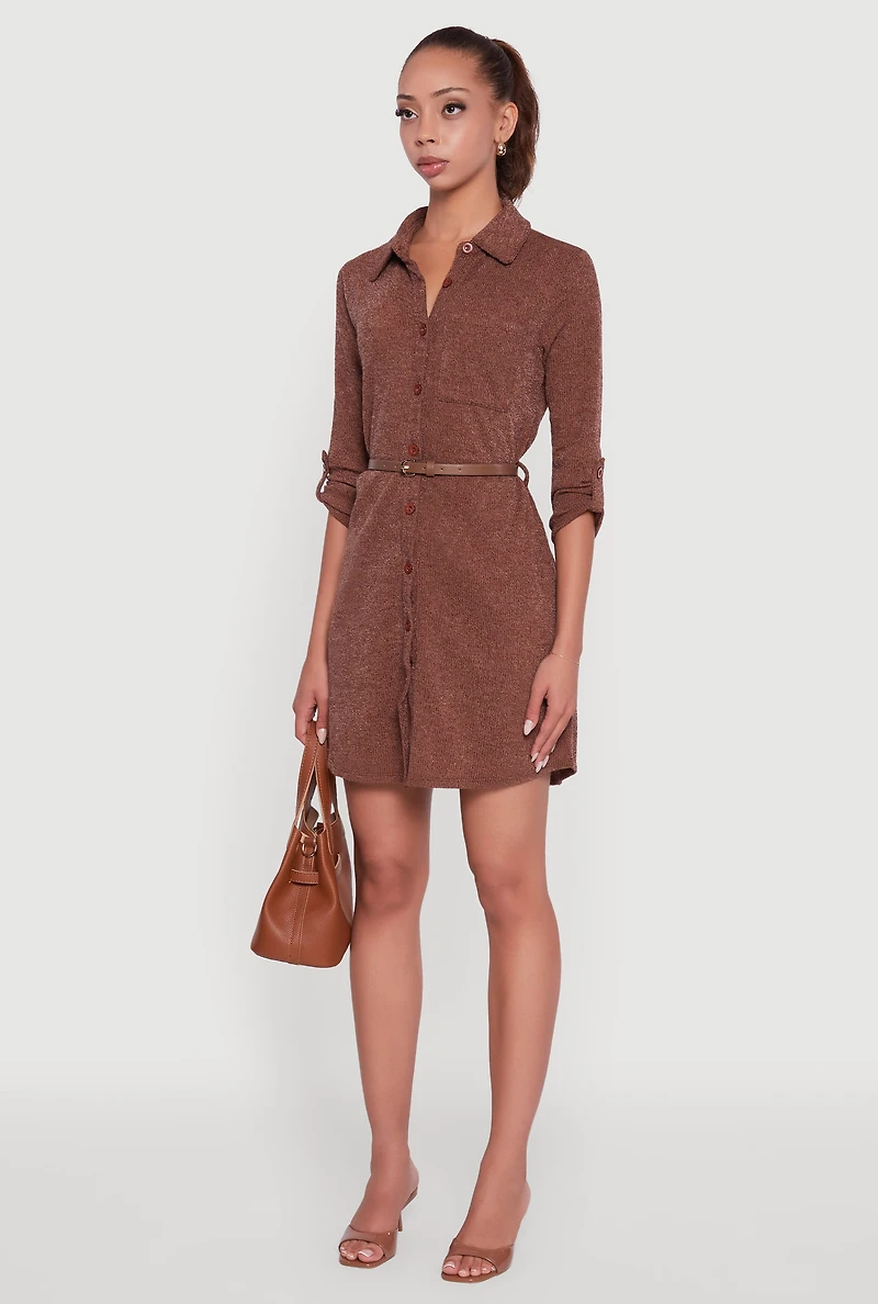 Womens Marled Brushed Rib Knit Shirt Dress with Belt, Brown, Size M