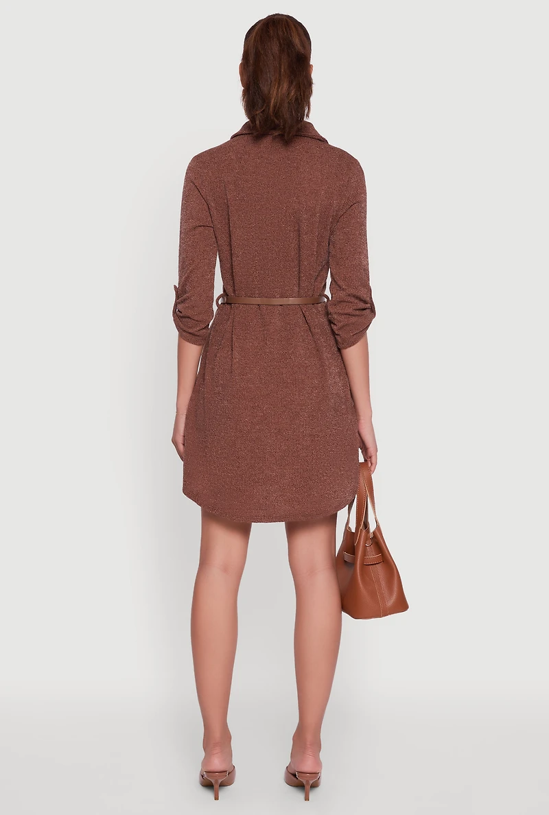 Womens Marled Brushed Rib Knit Shirt Dress with Belt, Brown, Size M