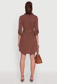 Womens Marled Brushed Rib Knit Shirt Dress with Belt, Brown, Size M