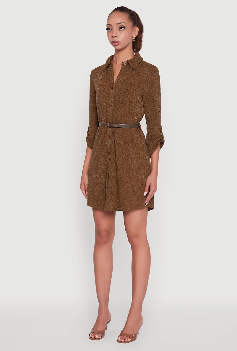Marled Brushed Rib Knit Shirt Dress with Belt