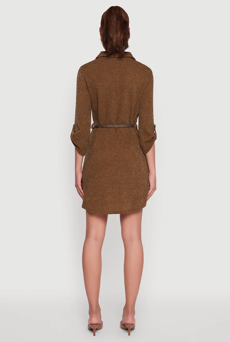 Marled Brushed Rib Knit Shirt Dress with Belt