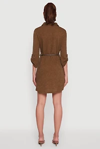 Marled Brushed Rib Knit Shirt Dress with Belt