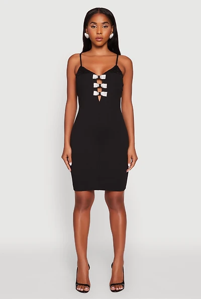 Womens Sleeveless Crepe Knit Mini Dress with Rhinestone Bows, Black, Size L