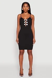 Womens Sleeveless Crepe Knit Mini Dress with Rhinestone Bows, Black, Size XL