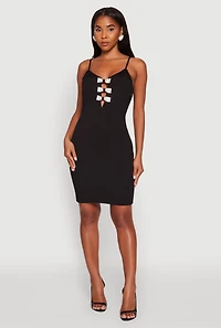 Womens Sleeveless Crepe Knit Mini Dress with Rhinestone Bows, Black, Size M