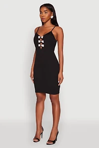 Womens Sleeveless Crepe Knit Mini Dress with Rhinestone Bows, Black, Size XL