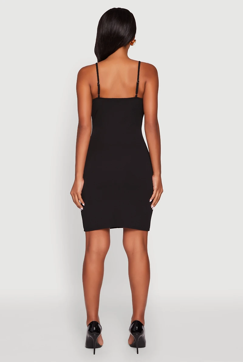 Womens Sleeveless Crepe Knit Mini Dress with Rhinestone Bows, Black, Size M