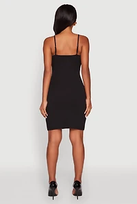 Womens Sleeveless Crepe Knit Mini Dress with Rhinestone Bows, Black, Size M